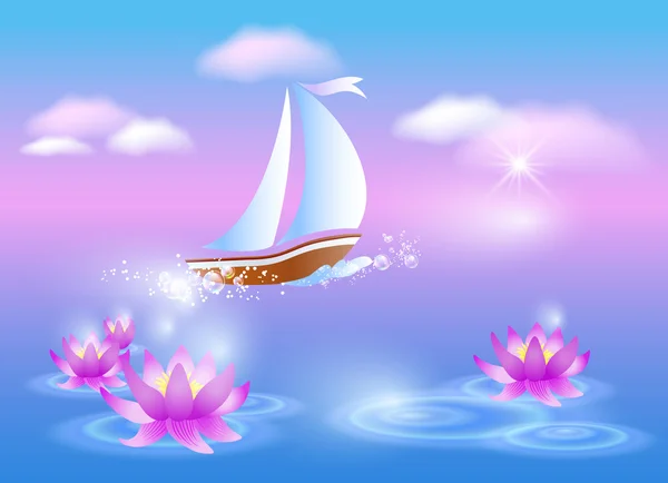 Segelbåt och violett liljor — Stock vektor