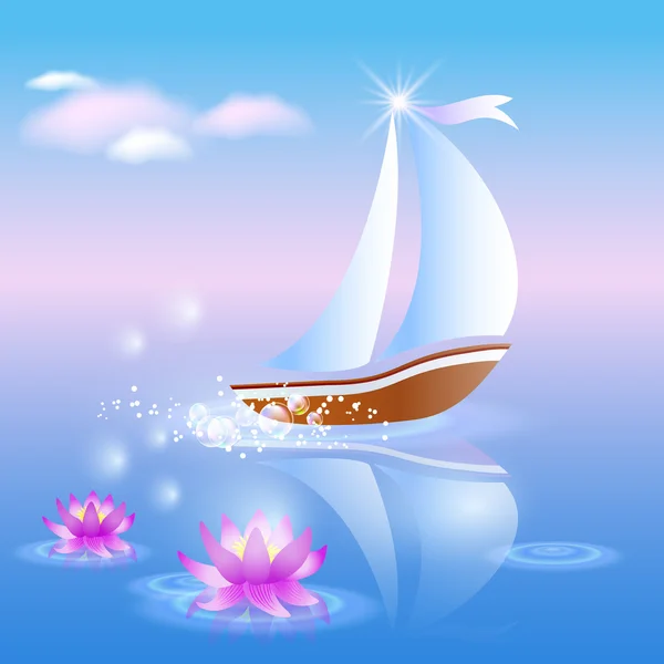 Sailing boat and violet lilies — Stock Vector
