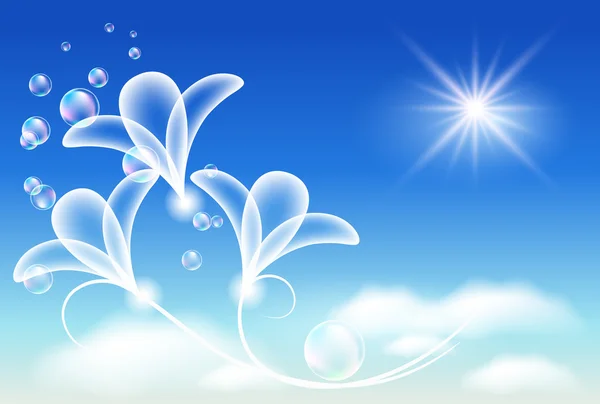 Blauwe lucht met transparante bloemen — Stockvector