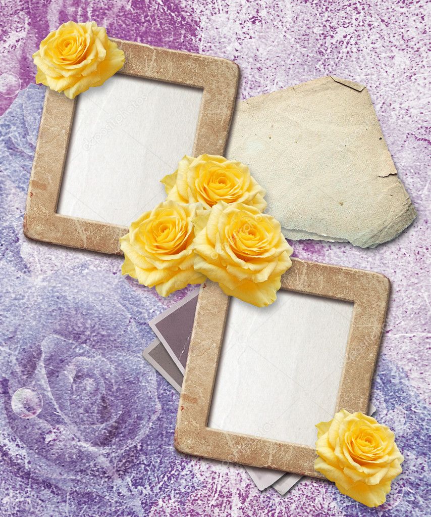 Grunge frames with yellow rose and paper
