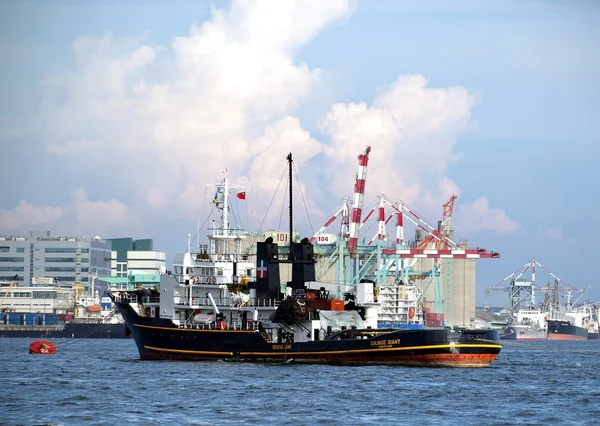 Lodě a jeřáby v přístav Kao-siung — Stock fotografie