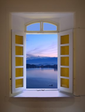 Window View of Dawn at the Sun Moon Lake clipart