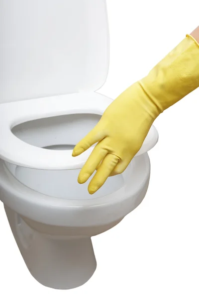 Gehandschoende hand sluiten wc. — Stockfoto