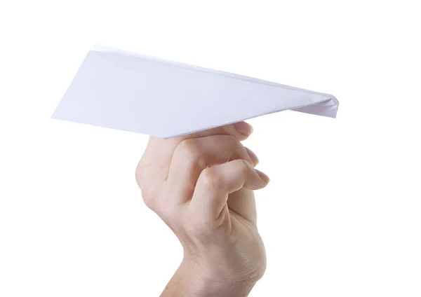 Papier vliegtuig in de hand. — Stockfoto