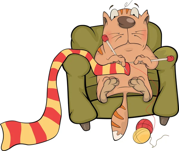 El gato teje una bufanda a rayas. Caricatura — Archivo Imágenes Vectoriales
