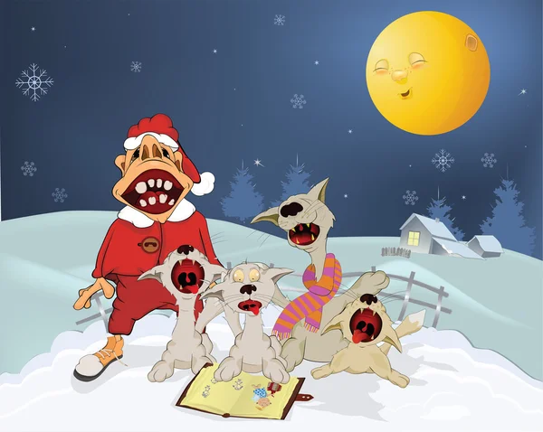 Cats y Santa Claus cantan himnos navideños. Caricatura — Archivo Imágenes Vectoriales