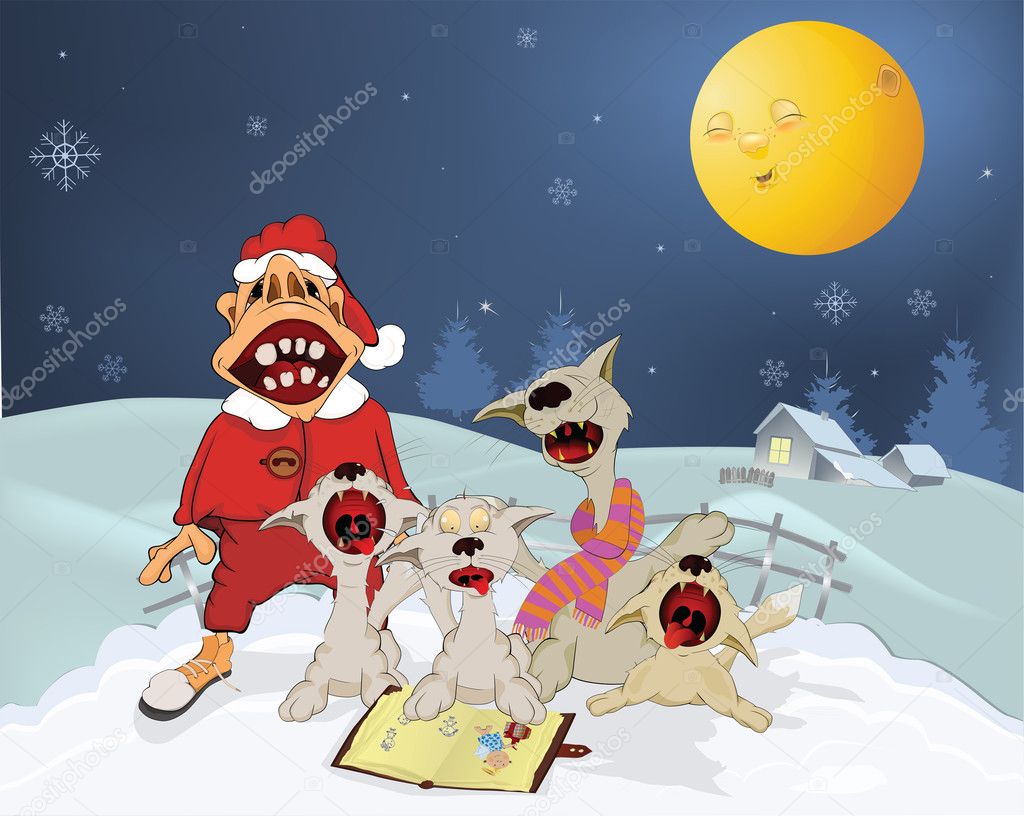 Chats Et Santa Claus Chantent Des Hymnes De Noël Dessin