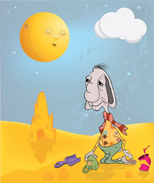 Het konijn speelt aan een sandbox. Cartoon — Stockvector