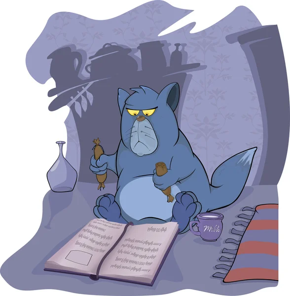 Kat en het boek. een verschrikkelijke sprookje. Cartoon — Stockvector