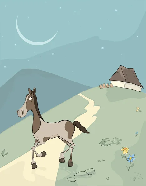 Cheval sur une prairie. Caricature — Image vectorielle