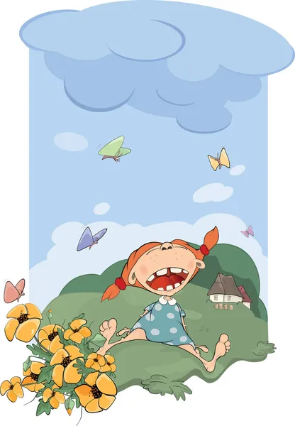 La chica en un prado. Caricatura — Vector de stock