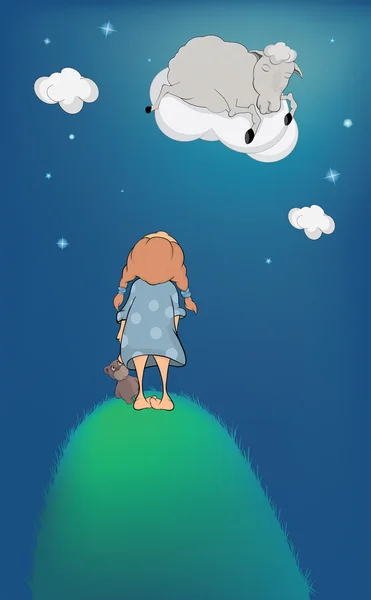 Dívka jehněčí na oblaku. kreslený — Stockový vektor