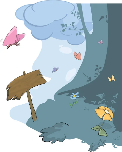 Paysage en bois et papillons. Caricature — Image vectorielle