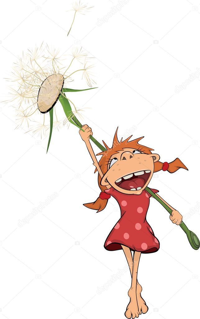 The girl and a dandelion. Cartoon