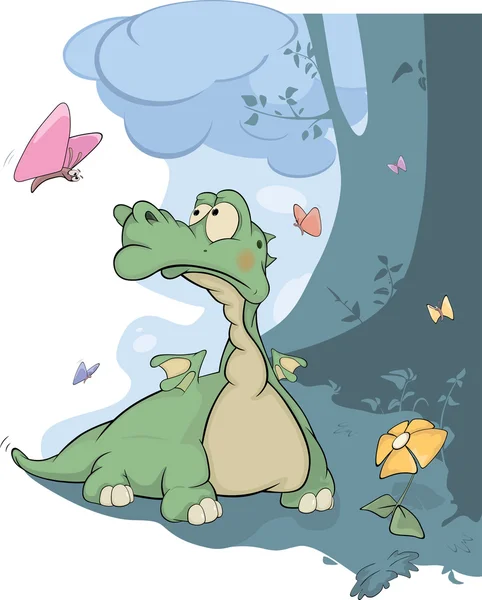 Petit dragon et papillons. Caricature — Image vectorielle