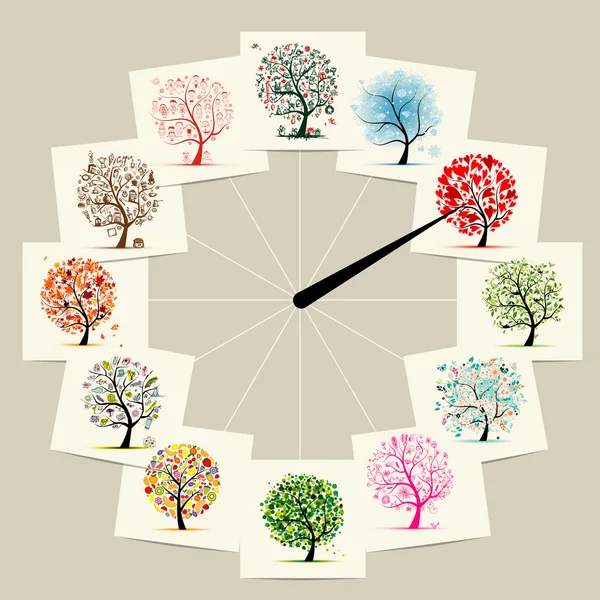 12 месяцев с художественными деревьями, дизайн часов — стоковый вектор