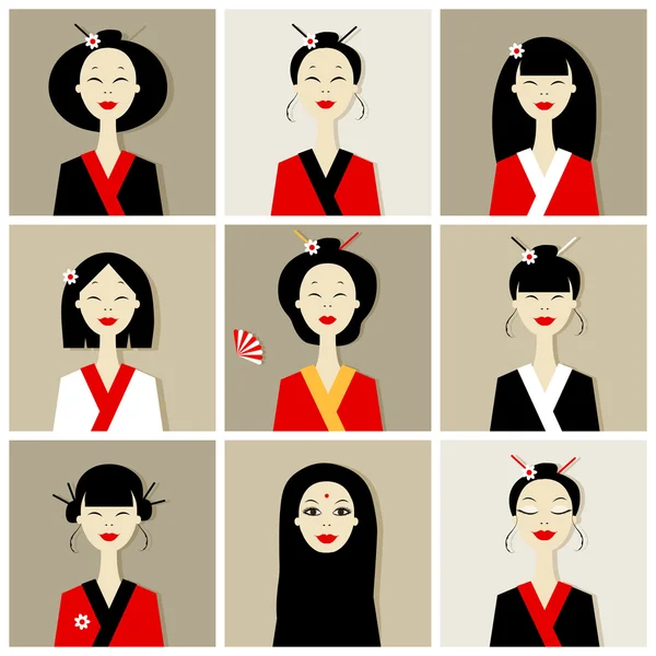 Азиатские женские портреты, коллекция для Вашего дизайна — стоковый вектор