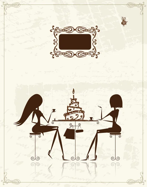 Mode meisjes in café, illustratie bij uw ontwerp — Stockvector