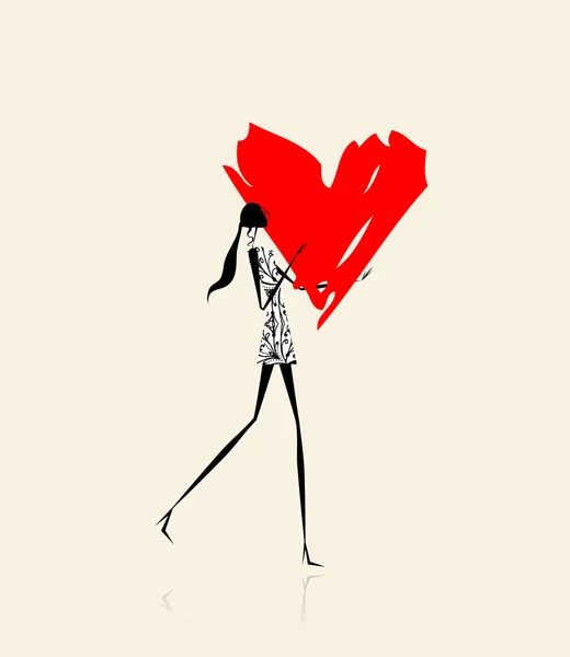 Alla hjärtans dag. Flicka med stort rött hjärta — Stock vektor