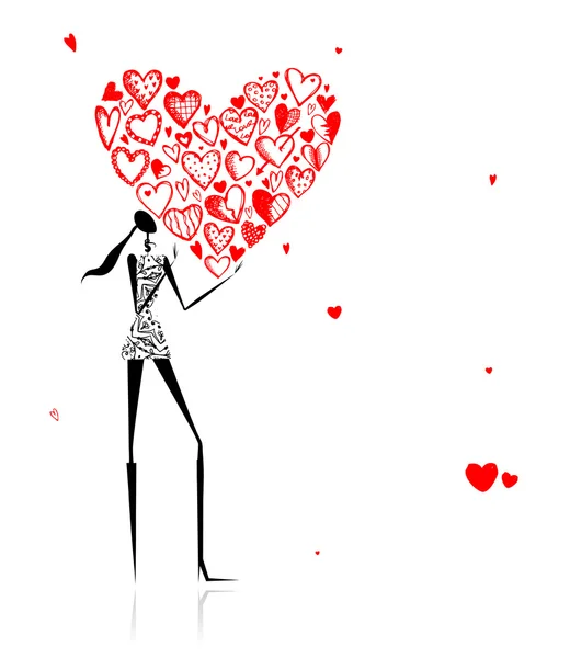 Valentinstag. Mädchen mit großem roten Herz — Stockvektor