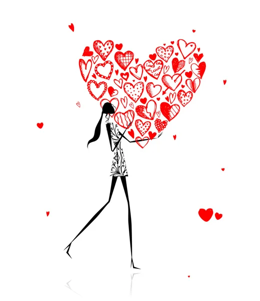 San Valentín. Chica con gran corazón rojo — Vector de stock