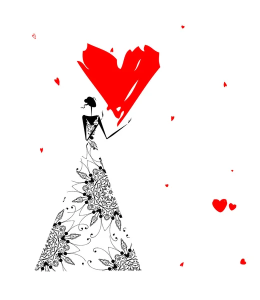 Valentijnsdag. Meisje met groot rood hart — Stockvector