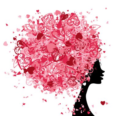 Female head with hairstyle made from tiny hearts for your design clipart