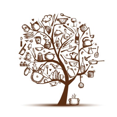 Art tree with kitchen utensils, sketch drawing for your design clipart