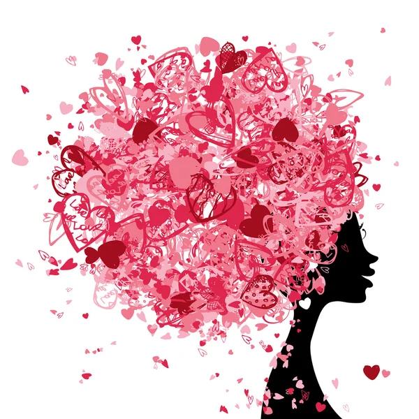 Female head with hairstyle made from tiny hearts for your design — Stock Vector