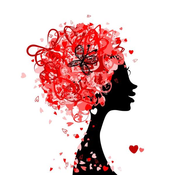 あなたのデザインのための小さな心から作られた髪型と女性の頭 — ストックベクタ