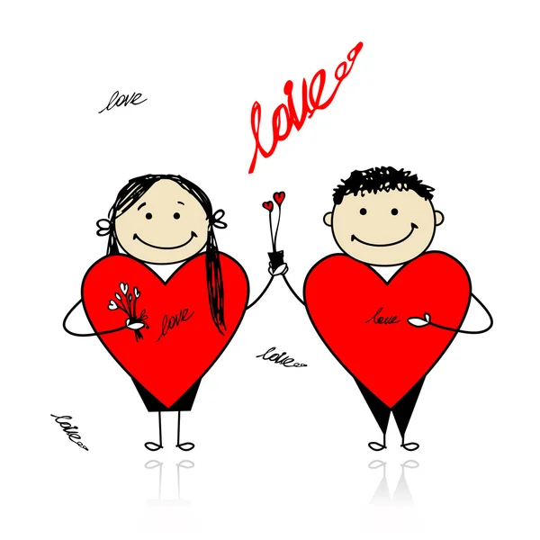 Valentine day. Couple with big red hearts for your design — Stock Vector
