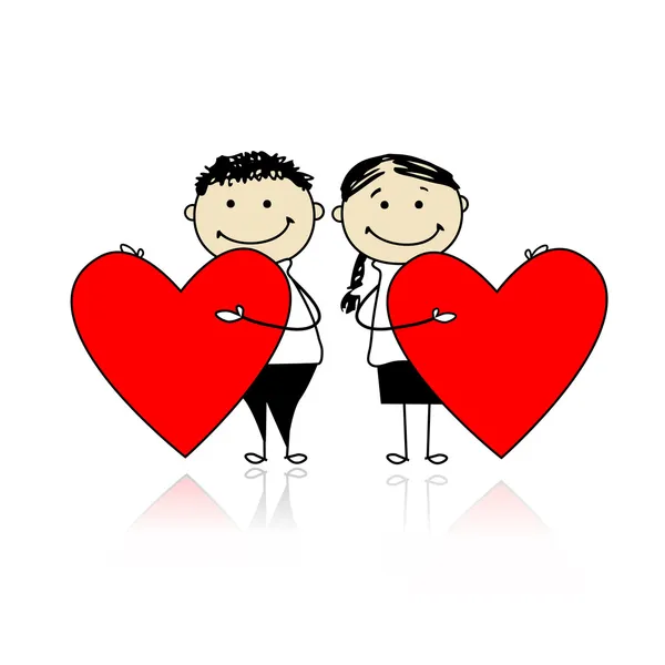 Saint Valentin. Couple avec de grands cœurs rouges pour votre design — Image vectorielle