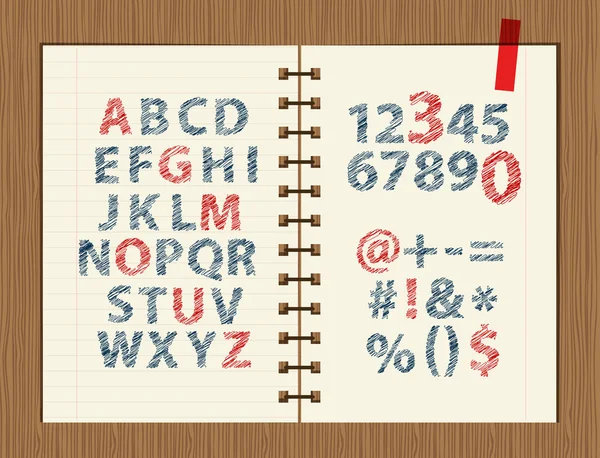 Blatt mit Skizze von Buchstaben und Symbolen für Ihren Entwurf — Stockvektor