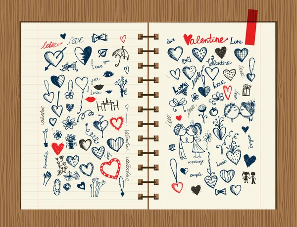 Bosquejo de San Valentín en la hoja de cuaderno para su diseño — Archivo Imágenes Vectoriales
