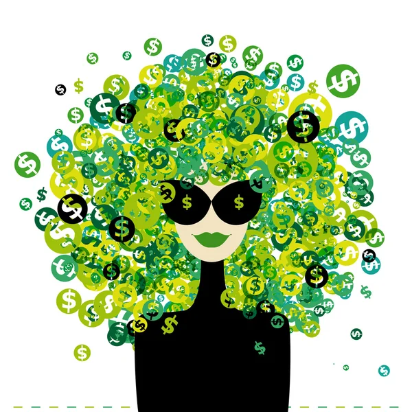 Portrait de femme avec des signes de dollar coiffure pour votre conception — Image vectorielle