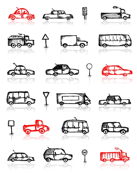 stock vector Set of cars sketch and traffic signs for your design