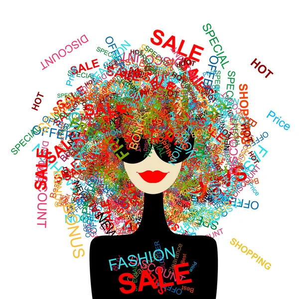 Adoro a venda! Mulher de moda com conceito de compras para o seu design — Vetor de Stock