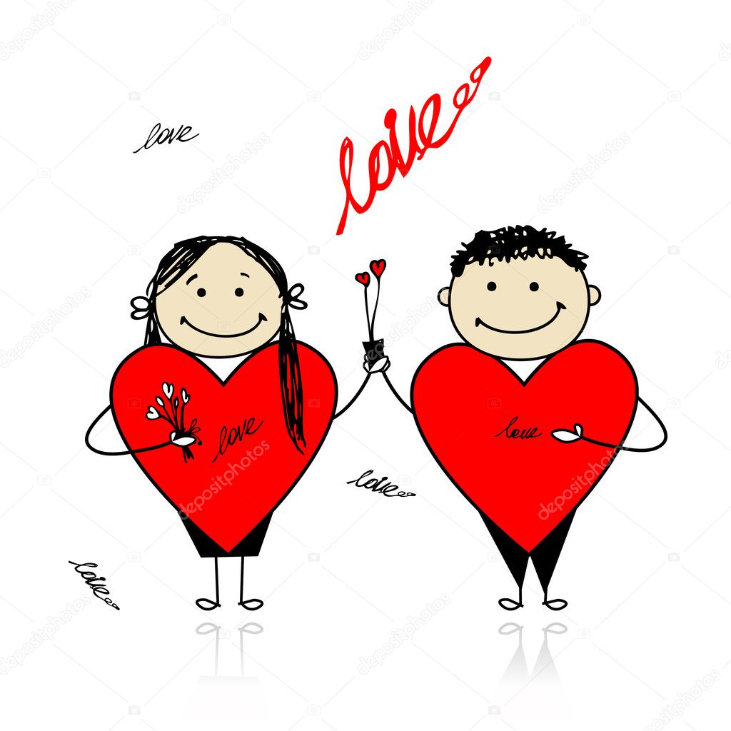 Valentine day. Couple with big red hearts for your design