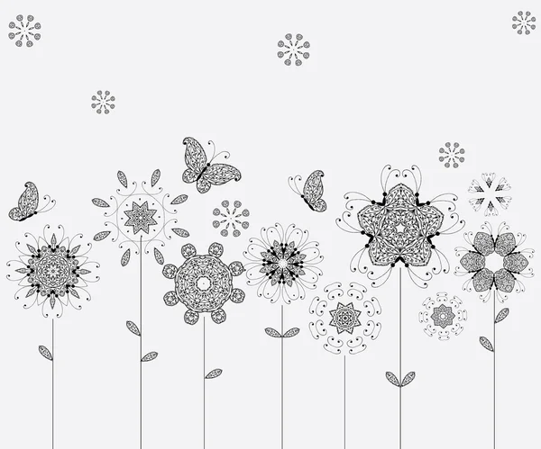 Lente weide, bloemen en vlinders voor uw ontwerp — Stockvector
