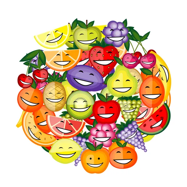 Personajes divertidos de frutas sonriendo juntos para su diseño — Vector de stock