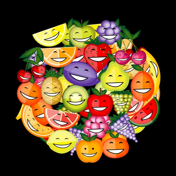 Personajes divertidos de frutas sonriendo juntos para su diseño — Vector de stock