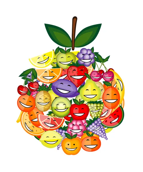 Personajes divertidos de frutas sonriendo juntos, forma de manzana para su diseño — Archivo Imágenes Vectoriales