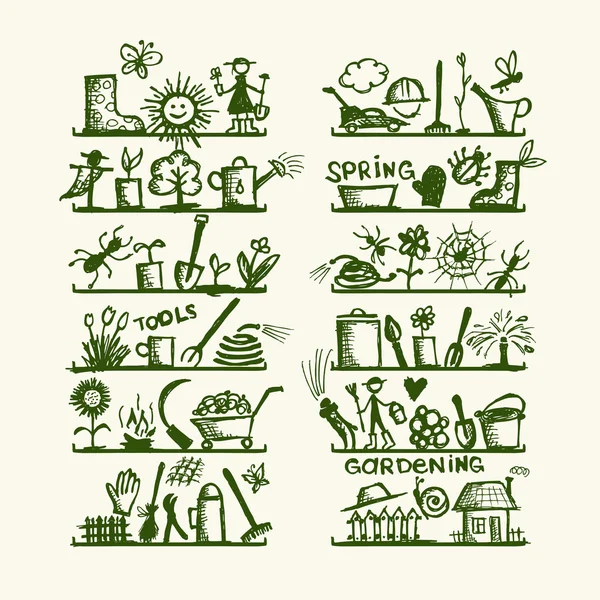 Herramientas de jardín en estantes, boceto para su diseño — Vector de stock