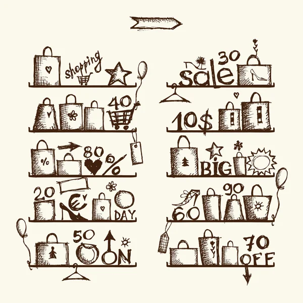 Shopping tassen op planken, grote verkoop — Stockvector