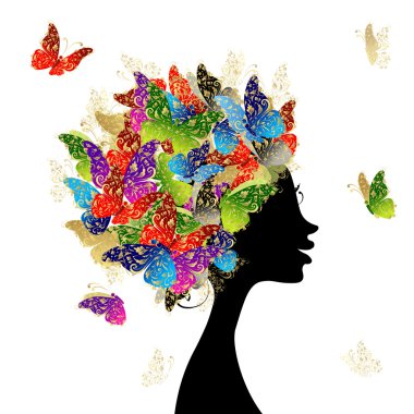 Female head with hairstyle made from butterflies for your design clipart