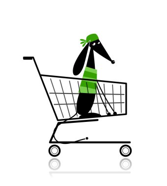 Cute dog in shopping cart for your design clipart