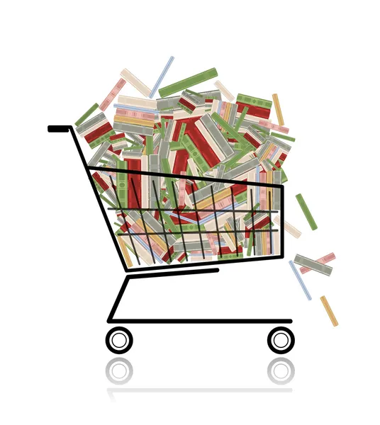 Montón de libros en el carrito de la compra para su diseño — Vector de stock