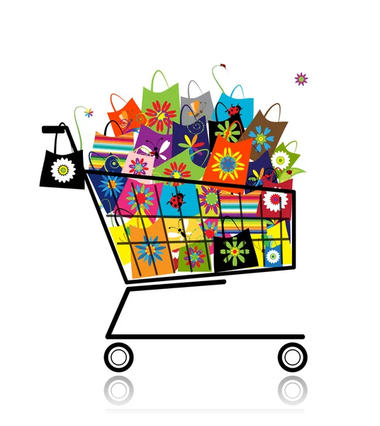 Carrito de supermercado con bolsas de compras para su diseño — Vector de stock