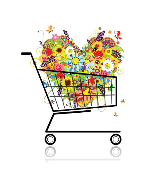 Coração floral no carrinho de compras para o seu design — Vetor de Stock