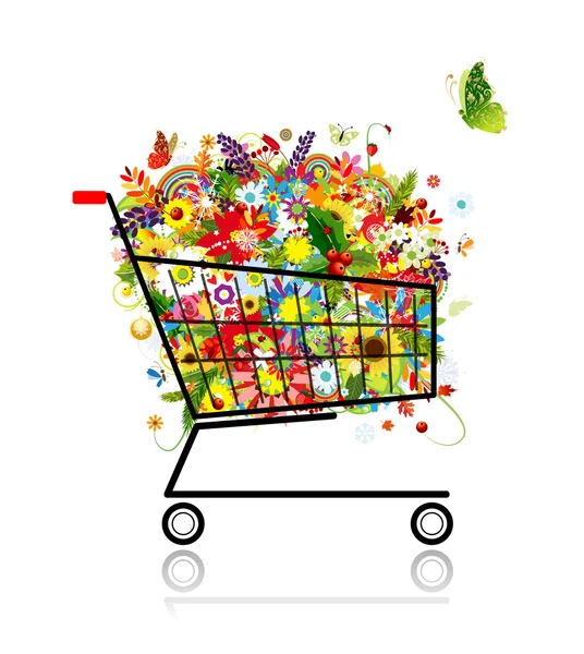 Ramo floral en carrito de compras para su diseño — Vector de stock